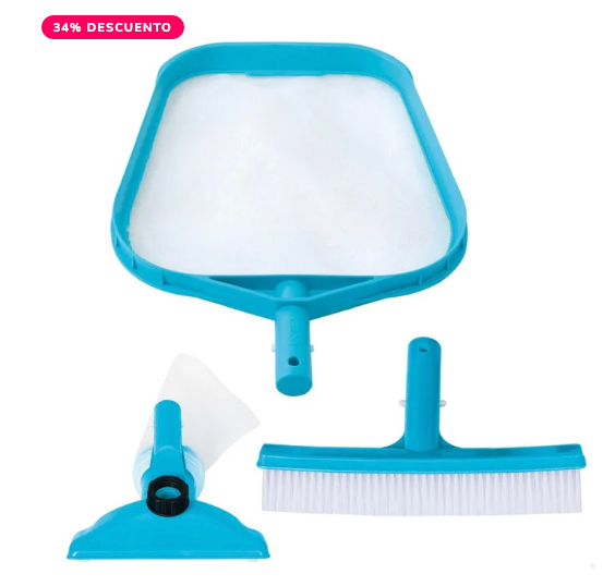Kit de Limpieza de Piscinas Básico INTEX con Recoge Hojas, Cepillo y Cabezal